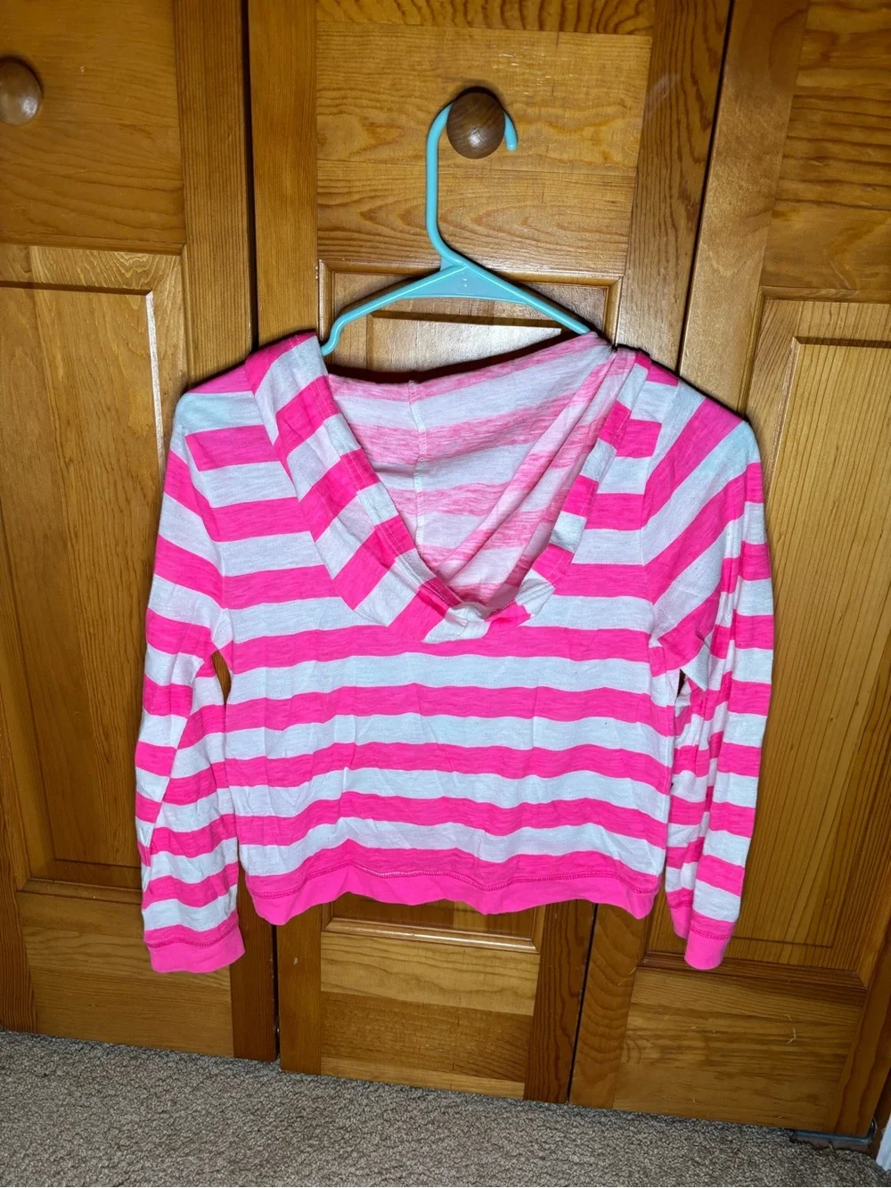 Justice Pink & White Striped Long Sleeve Tee with Teal Glitter Heart